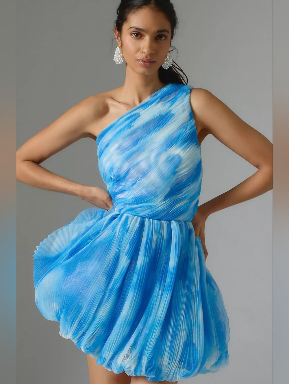 HUTCH Anthropologie One Shoulder Pleated Bubble Hem Blue Mini Party Dress Size 2